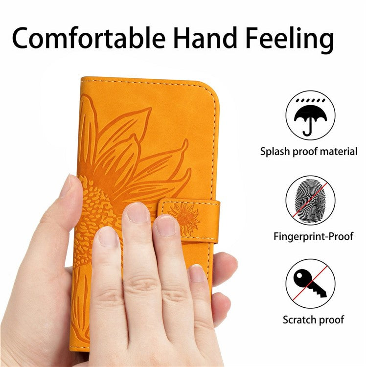 HT04 For Xiaomi Poco C75 4G / Redmi 14R 5G / 14C 4G Case Sunflower Imprint Leather Wallet Phone Cover with Wrist Strap - Yellow