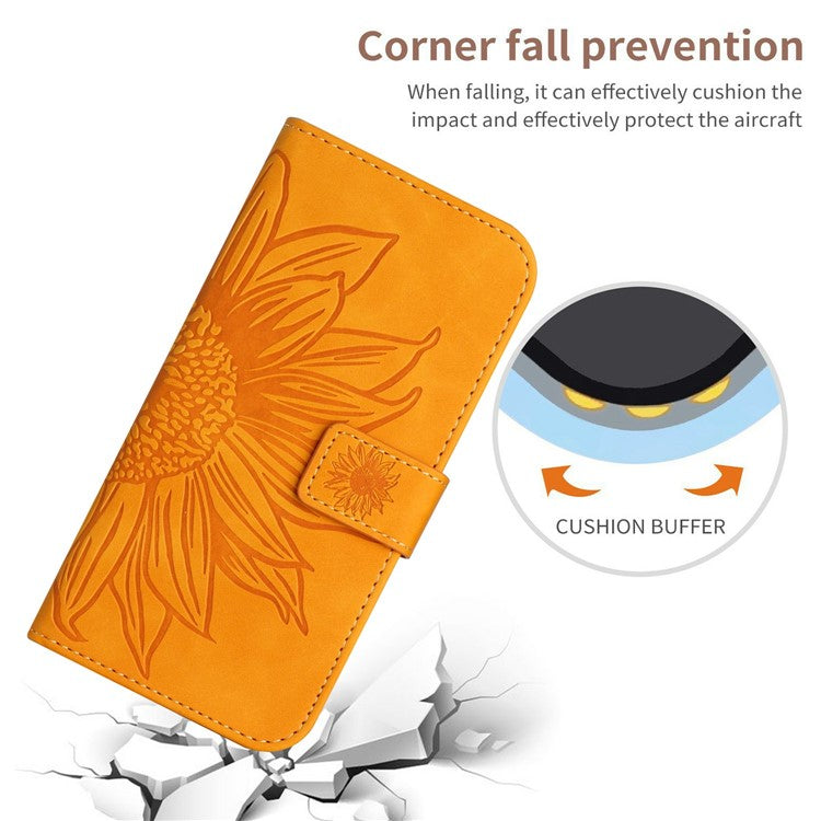 HT04 For Xiaomi Poco C75 4G / Redmi 14R 5G / 14C 4G Case Sunflower Imprint Leather Wallet Phone Cover with Wrist Strap - Yellow