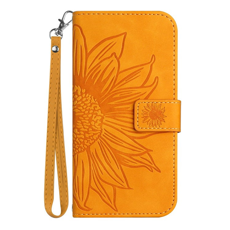 HT04 For Xiaomi Poco C75 4G / Redmi 14R 5G / 14C 4G Case Sunflower Imprint Leather Wallet Phone Cover with Wrist Strap - Yellow