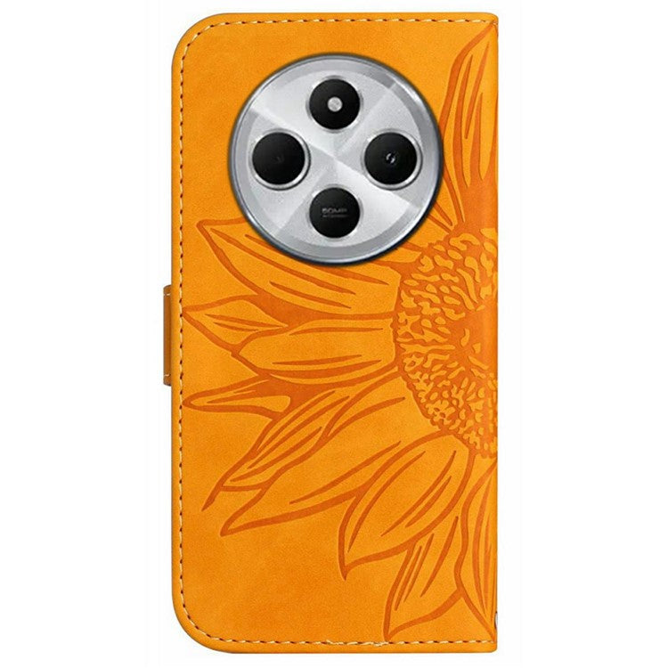 HT04 For Xiaomi Poco C75 4G / Redmi 14R 5G / 14C 4G Case Sunflower Imprint Leather Wallet Phone Cover with Wrist Strap - Yellow