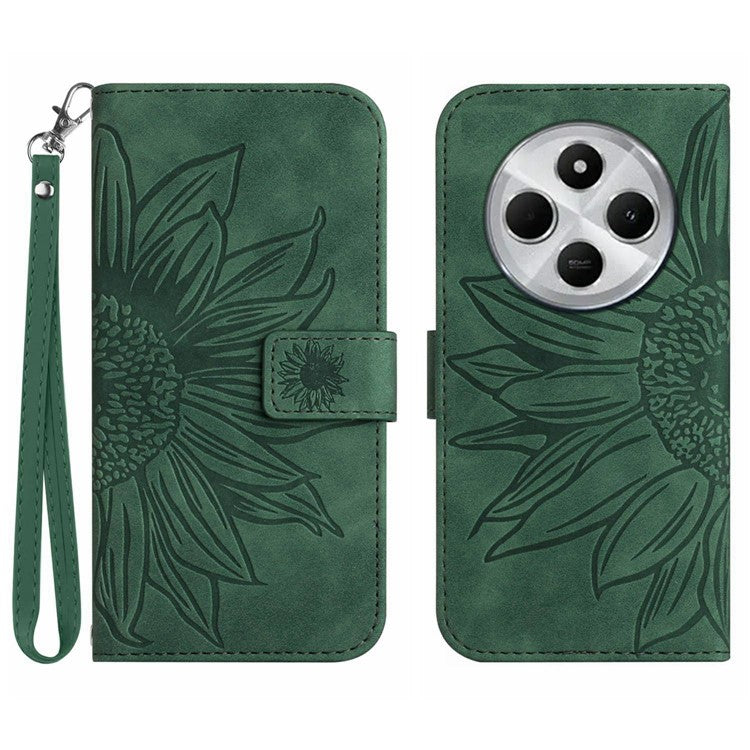 HT04 For Xiaomi Poco C75 4G / Redmi 14R 5G / 14C 4G Case Sunflower Imprint Leather Wallet Phone Cover with Wrist Strap - Dark Green