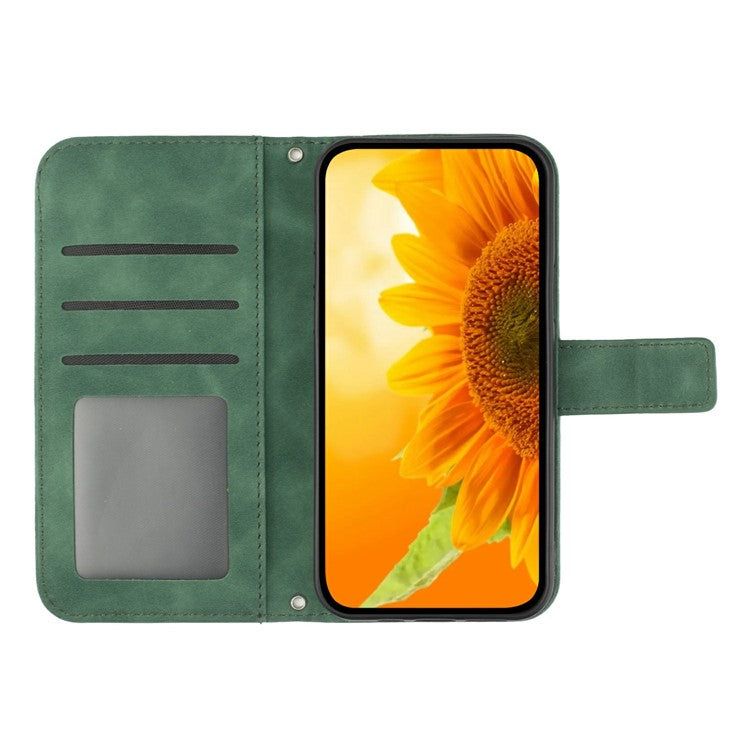 HT04 For Xiaomi Poco C75 4G / Redmi 14R 5G / 14C 4G Case Sunflower Imprint Leather Wallet Phone Cover with Wrist Strap - Dark Green