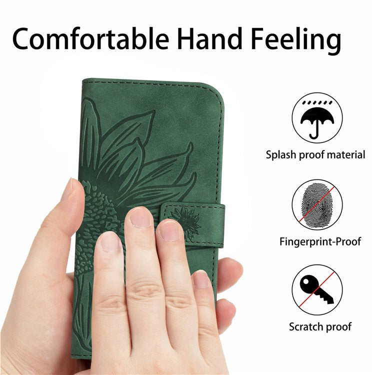 HT04 For Xiaomi Poco C75 4G / Redmi 14R 5G / 14C 4G Case Sunflower Imprint Leather Wallet Phone Cover with Wrist Strap - Dark Green