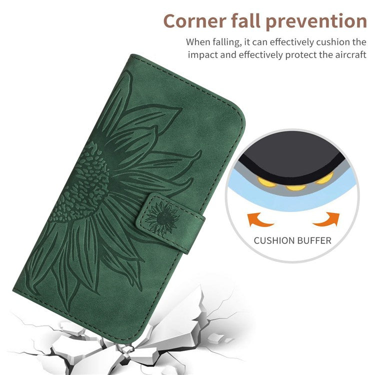 HT04 For Xiaomi Poco C75 4G / Redmi 14R 5G / 14C 4G Case Sunflower Imprint Leather Wallet Phone Cover with Wrist Strap - Dark Green