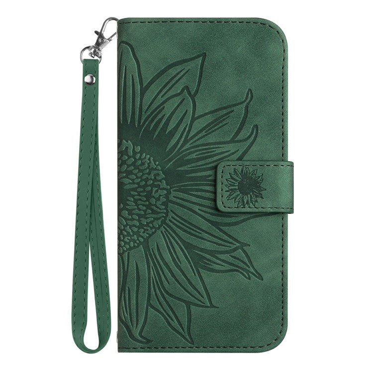 HT04 For Xiaomi Poco C75 4G / Redmi 14R 5G / 14C 4G Case Sunflower Imprint Leather Wallet Phone Cover with Wrist Strap - Dark Green