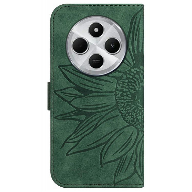 HT04 For Xiaomi Poco C75 4G / Redmi 14R 5G / 14C 4G Case Sunflower Imprint Leather Wallet Phone Cover with Wrist Strap - Dark Green