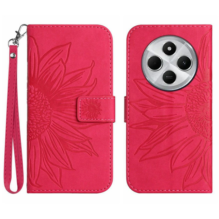 HT04 For Xiaomi Poco C75 4G / Redmi 14R 5G / 14C 4G Case Sunflower Imprint Leather Wallet Phone Cover with Wrist Strap - Rose