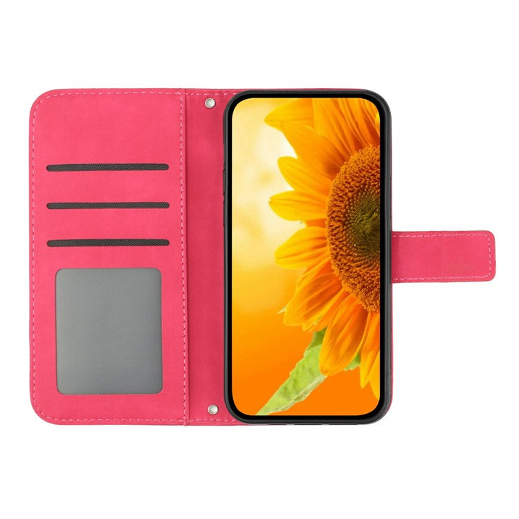 HT04 For Xiaomi Poco C75 4G / Redmi 14R 5G / 14C 4G Case Sunflower Imprint Leather Wallet Phone Cover with Wrist Strap - Rose