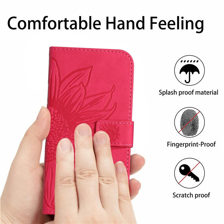 HT04 For Xiaomi Poco C75 4G / Redmi 14R 5G / 14C 4G Case Sunflower Imprint Leather Wallet Phone Cover with Wrist Strap - Rose