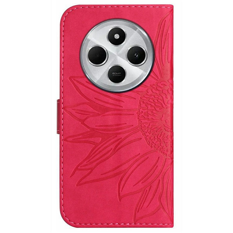 HT04 For Xiaomi Poco C75 4G / Redmi 14R 5G / 14C 4G Case Sunflower Imprint Leather Wallet Phone Cover with Wrist Strap - Rose