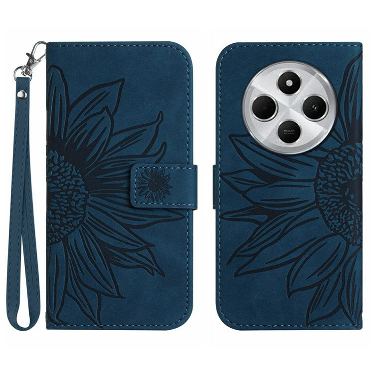 HT04 For Xiaomi Poco C75 4G / Redmi 14R 5G / 14C 4G Case Sunflower Imprint Leather Wallet Phone Cover with Wrist Strap - Dark Blue