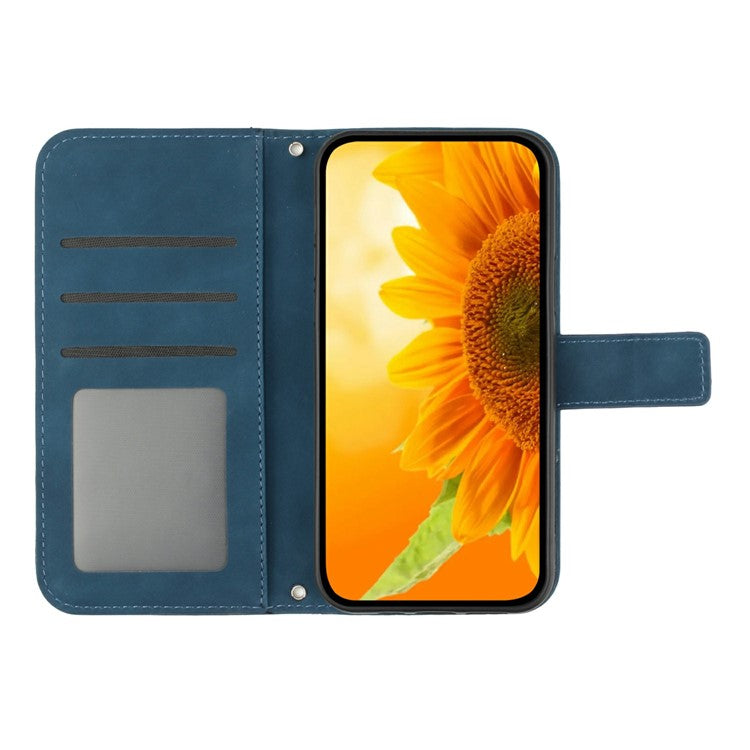 HT04 For Xiaomi Poco C75 4G / Redmi 14R 5G / 14C 4G Case Sunflower Imprint Leather Wallet Phone Cover with Wrist Strap - Dark Blue