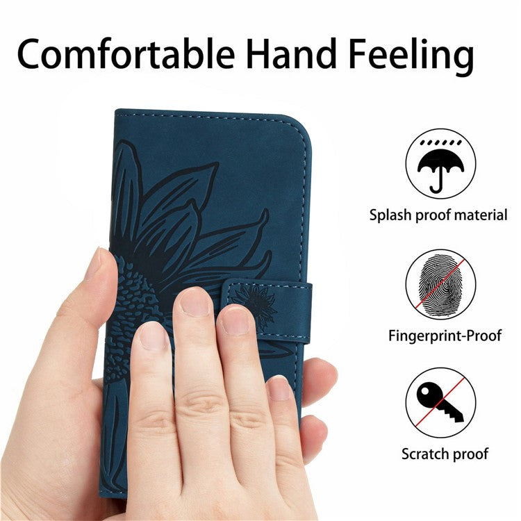 HT04 For Xiaomi Poco C75 4G / Redmi 14R 5G / 14C 4G Case Sunflower Imprint Leather Wallet Phone Cover with Wrist Strap - Dark Blue