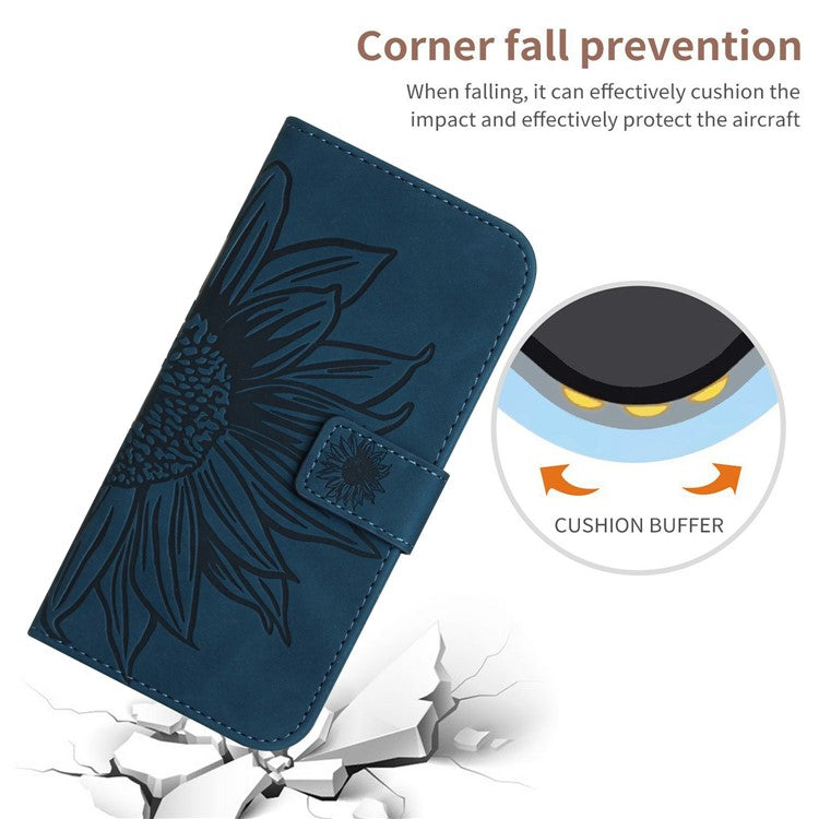 HT04 For Xiaomi Poco C75 4G / Redmi 14R 5G / 14C 4G Case Sunflower Imprint Leather Wallet Phone Cover with Wrist Strap - Dark Blue