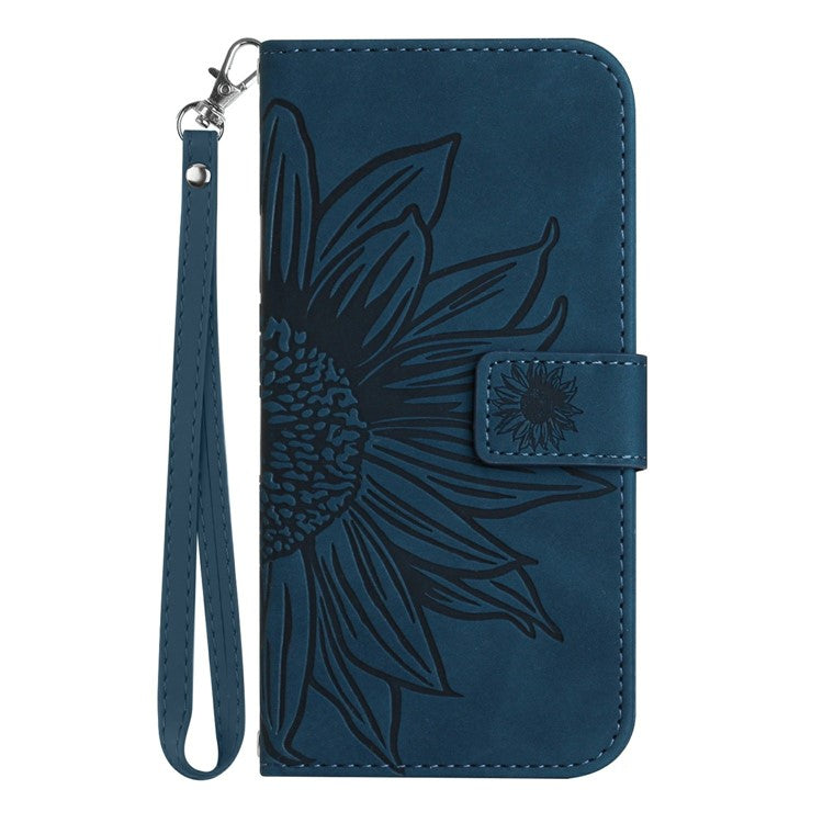 HT04 For Xiaomi Poco C75 4G / Redmi 14R 5G / 14C 4G Case Sunflower Imprint Leather Wallet Phone Cover with Wrist Strap - Dark Blue