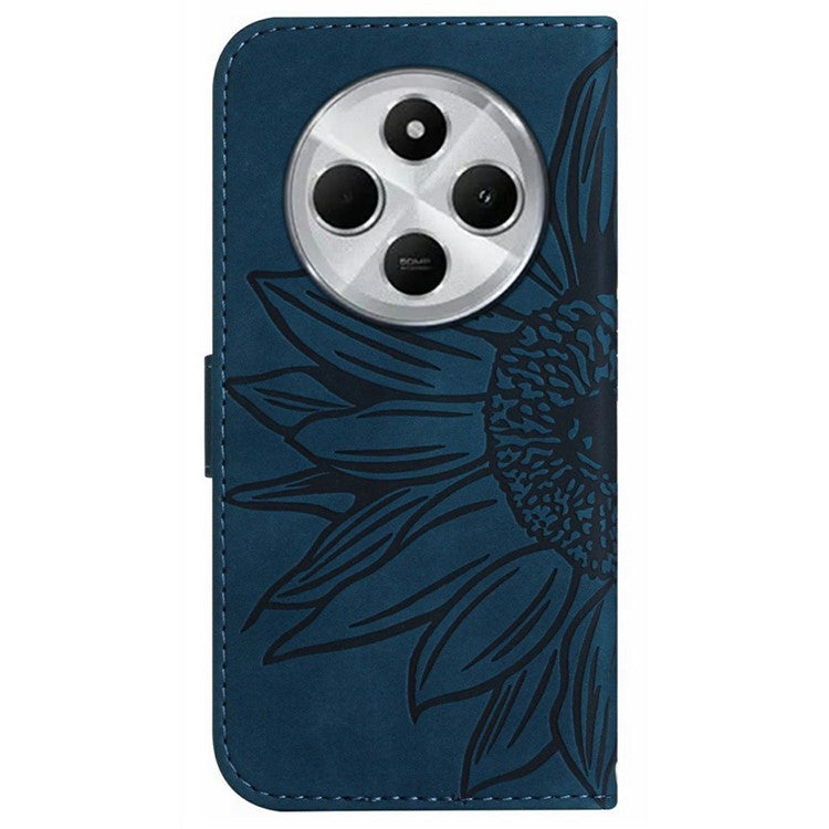 HT04 For Xiaomi Poco C75 4G / Redmi 14R 5G / 14C 4G Case Sunflower Imprint Leather Wallet Phone Cover with Wrist Strap - Dark Blue