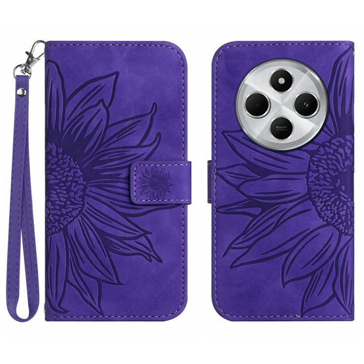 HT04 For Xiaomi Poco C75 4G / Redmi 14R 5G / 14C 4G Case Sunflower Imprint Leather Wallet Phone Cover with Wrist Strap - Dark Purple