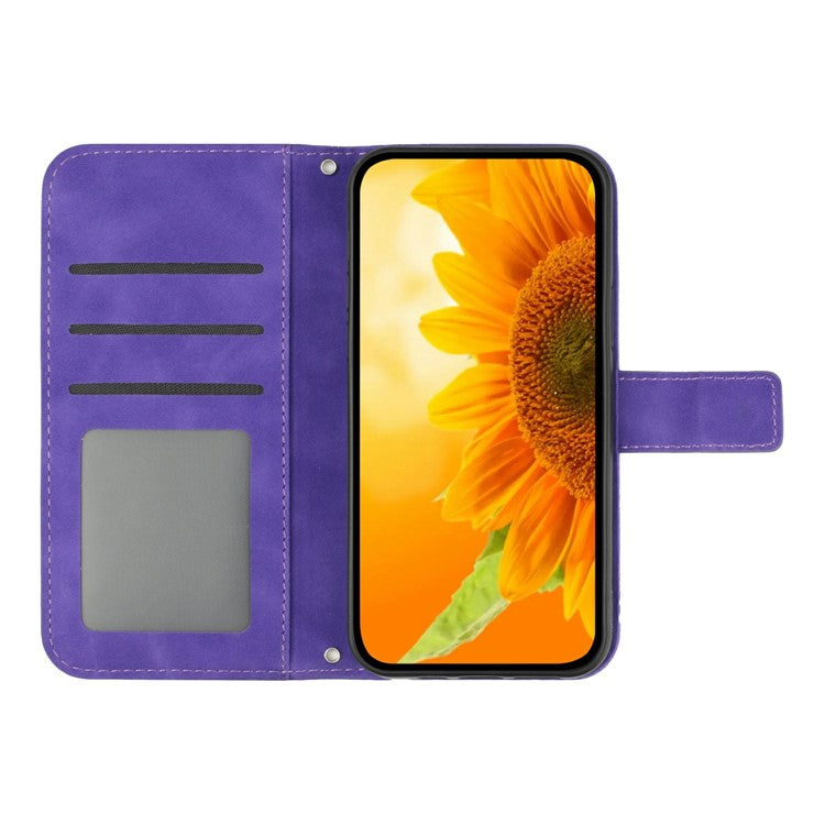 HT04 For Xiaomi Poco C75 4G / Redmi 14R 5G / 14C 4G Case Sunflower Imprint Leather Wallet Phone Cover with Wrist Strap - Dark Purple