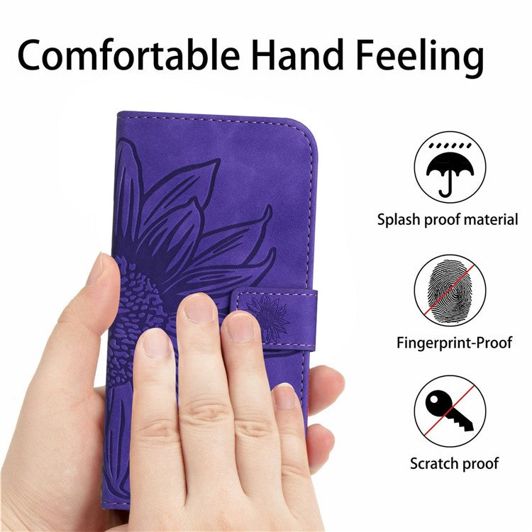 HT04 For Xiaomi Poco C75 4G / Redmi 14R 5G / 14C 4G Case Sunflower Imprint Leather Wallet Phone Cover with Wrist Strap - Dark Purple