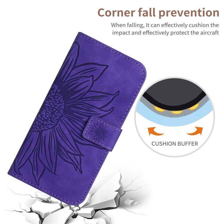 HT04 For Xiaomi Poco C75 4G / Redmi 14R 5G / 14C 4G Case Sunflower Imprint Leather Wallet Phone Cover with Wrist Strap - Dark Purple