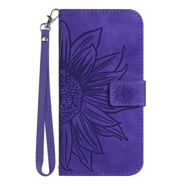 HT04 For Xiaomi Poco C75 4G / Redmi 14R 5G / 14C 4G Case Sunflower Imprint Leather Wallet Phone Cover with Wrist Strap - Dark Purple