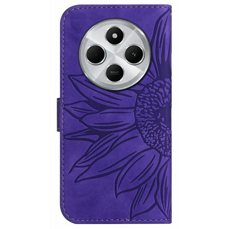 HT04 For Xiaomi Poco C75 4G / Redmi 14R 5G / 14C 4G Case Sunflower Imprint Leather Wallet Phone Cover with Wrist Strap - Dark Purple