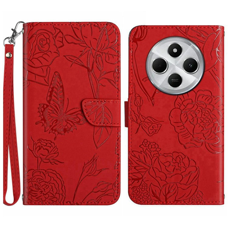 HT03 For Xiaomi Poco C75 4G / Redmi 14R 5G / 14C 4G Case Butterfly Flower Imprint Leather Phone Cover with Strap - Red