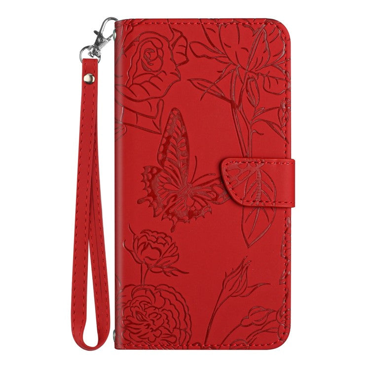 HT03 For Xiaomi Poco C75 4G / Redmi 14R 5G / 14C 4G Case Butterfly Flower Imprint Leather Phone Cover with Strap - Red