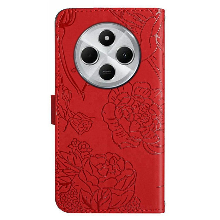 HT03 For Xiaomi Poco C75 4G / Redmi 14R 5G / 14C 4G Case Butterfly Flower Imprint Leather Phone Cover with Strap - Red