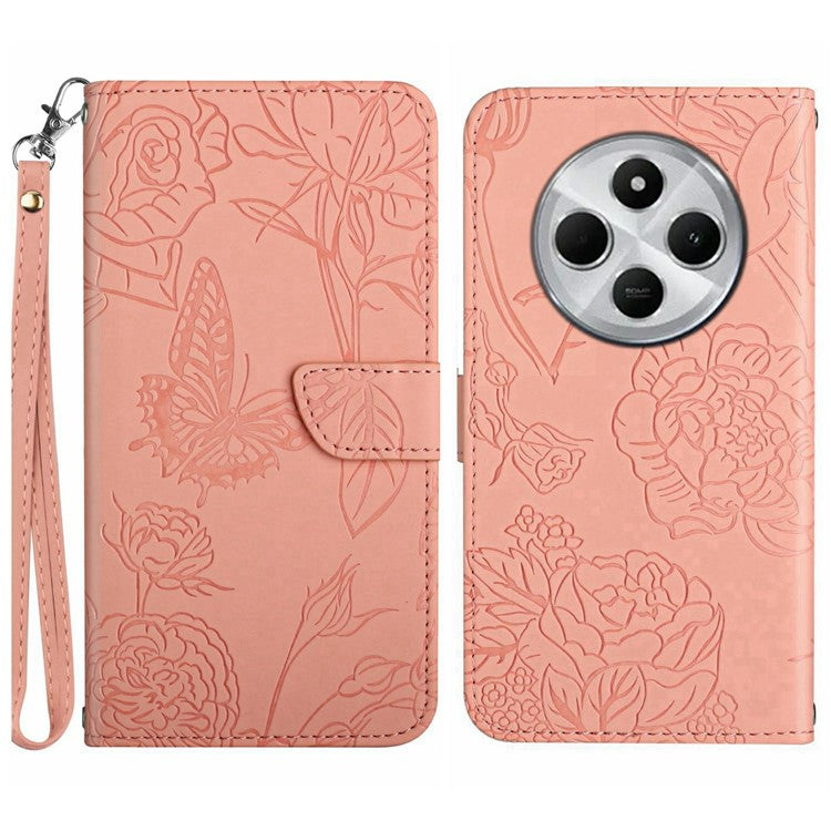 HT03 For Xiaomi Poco C75 4G / Redmi 14R 5G / 14C 4G Case Butterfly Flower Imprint Leather Phone Cover with Strap - Pink