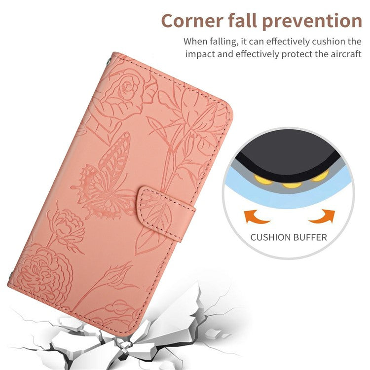 HT03 For Xiaomi Poco C75 4G / Redmi 14R 5G / 14C 4G Case Butterfly Flower Imprint Leather Phone Cover with Strap - Pink