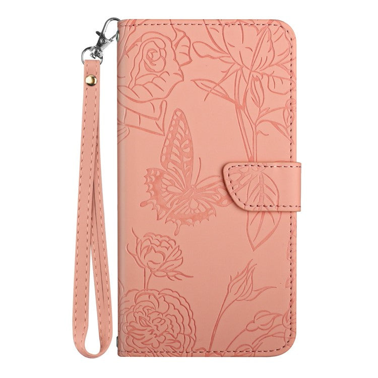 HT03 For Xiaomi Poco C75 4G / Redmi 14R 5G / 14C 4G Case Butterfly Flower Imprint Leather Phone Cover with Strap - Pink