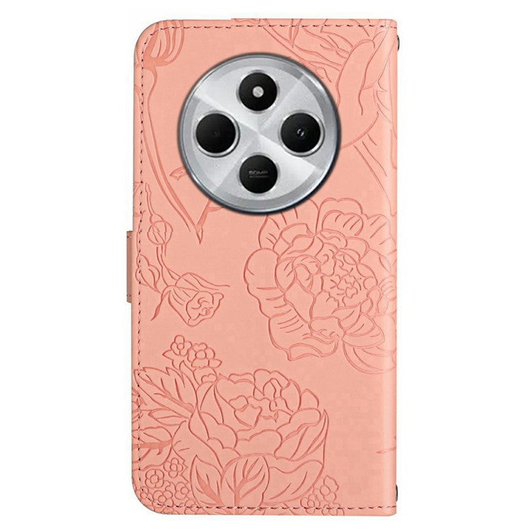 HT03 For Xiaomi Poco C75 4G / Redmi 14R 5G / 14C 4G Case Butterfly Flower Imprint Leather Phone Cover with Strap - Pink