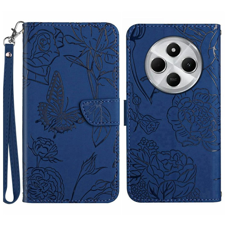 HT03 For Xiaomi Poco C75 4G / Redmi 14R 5G / 14C 4G Case Butterfly Flower Imprint Leather Phone Cover with Strap - Blue