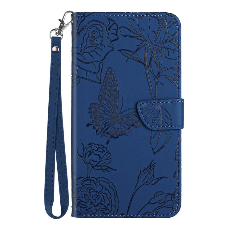 HT03 For Xiaomi Poco C75 4G / Redmi 14R 5G / 14C 4G Case Butterfly Flower Imprint Leather Phone Cover with Strap - Blue