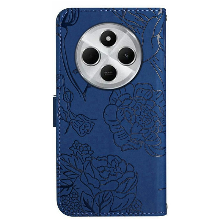 HT03 For Xiaomi Poco C75 4G / Redmi 14R 5G / 14C 4G Case Butterfly Flower Imprint Leather Phone Cover with Strap - Blue