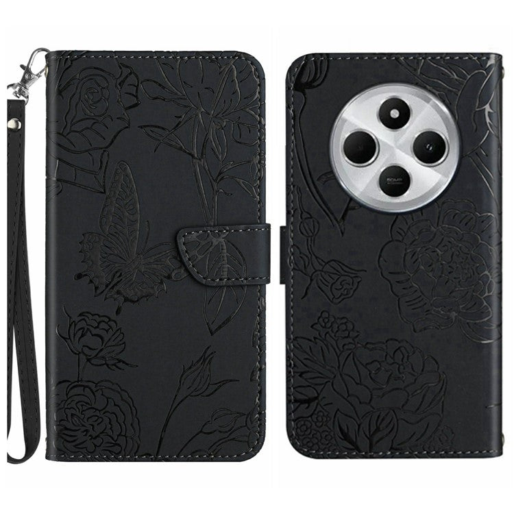 HT03 For Xiaomi Poco C75 4G / Redmi 14R 5G / 14C 4G Case Butterfly Flower Imprint Leather Phone Cover with Strap - Black