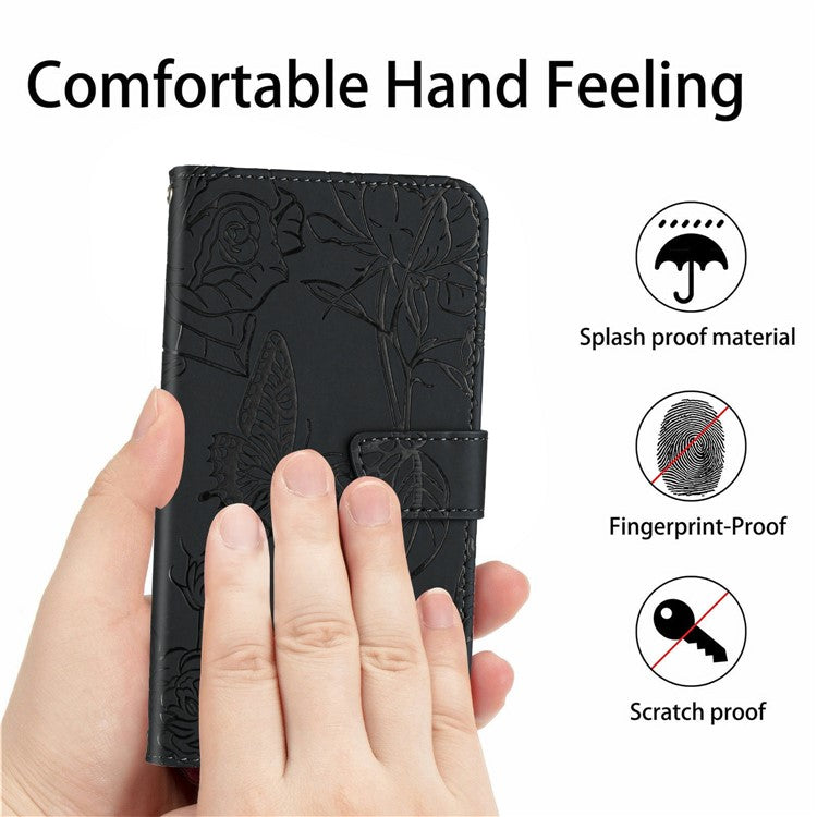 HT03 For Xiaomi Poco C75 4G / Redmi 14R 5G / 14C 4G Case Butterfly Flower Imprint Leather Phone Cover with Strap - Black