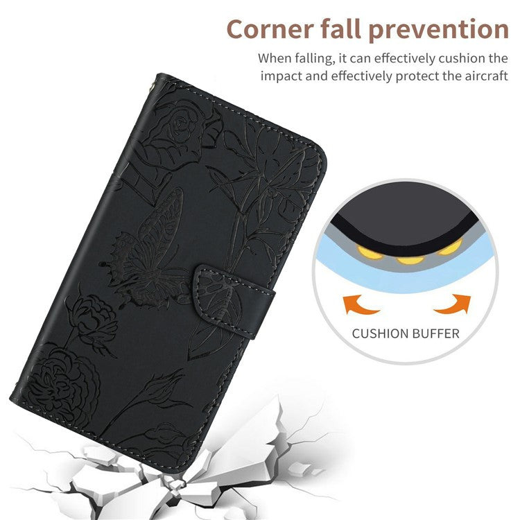 HT03 For Xiaomi Poco C75 4G / Redmi 14R 5G / 14C 4G Case Butterfly Flower Imprint Leather Phone Cover with Strap - Black