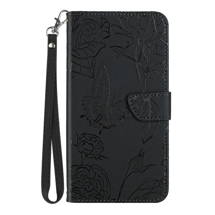 HT03 For Xiaomi Poco C75 4G / Redmi 14R 5G / 14C 4G Case Butterfly Flower Imprint Leather Phone Cover with Strap - Black