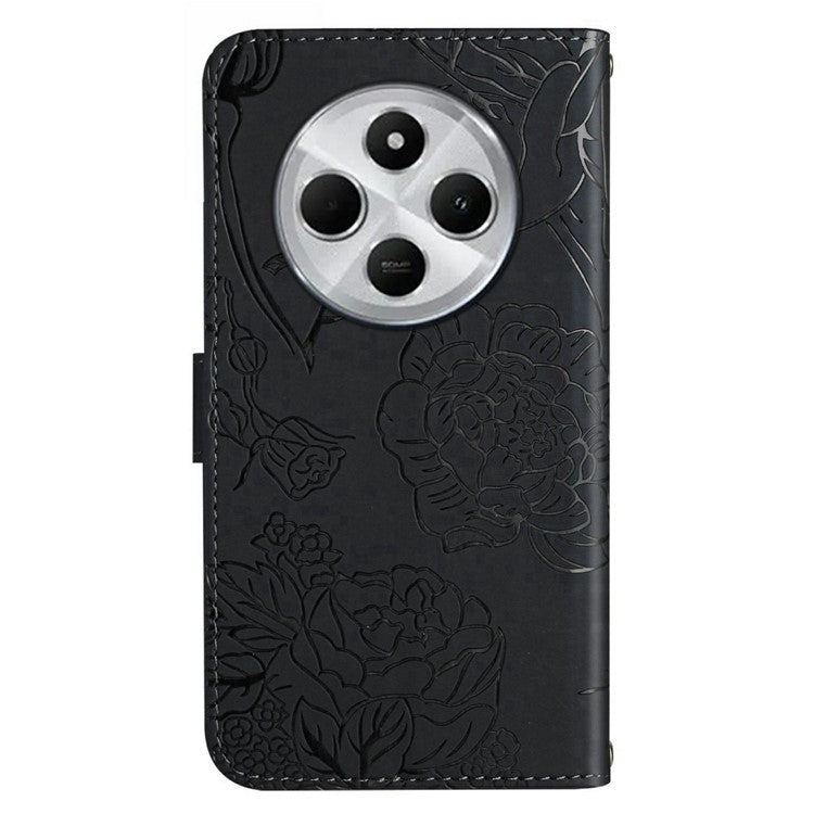 HT03 For Xiaomi Poco C75 4G / Redmi 14R 5G / 14C 4G Case Butterfly Flower Imprint Leather Phone Cover with Strap - Black