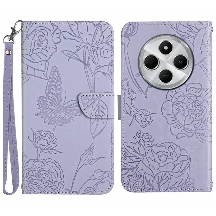 HT03 For Xiaomi Poco C75 4G / Redmi 14R 5G / 14C 4G Case Butterfly Flower Imprint Leather Phone Cover with Strap - Purple