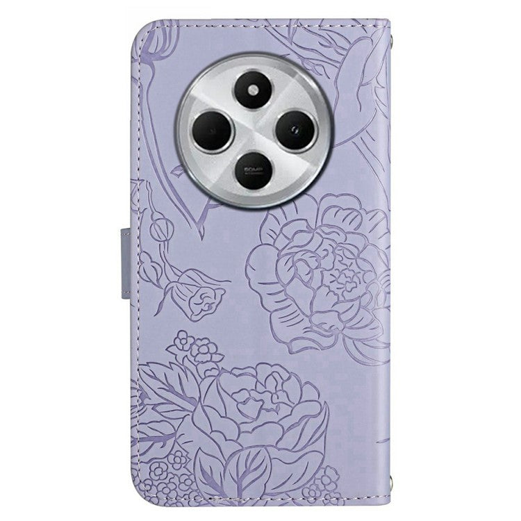 HT03 For Xiaomi Poco C75 4G / Redmi 14R 5G / 14C 4G Case Butterfly Flower Imprint Leather Phone Cover with Strap - Purple