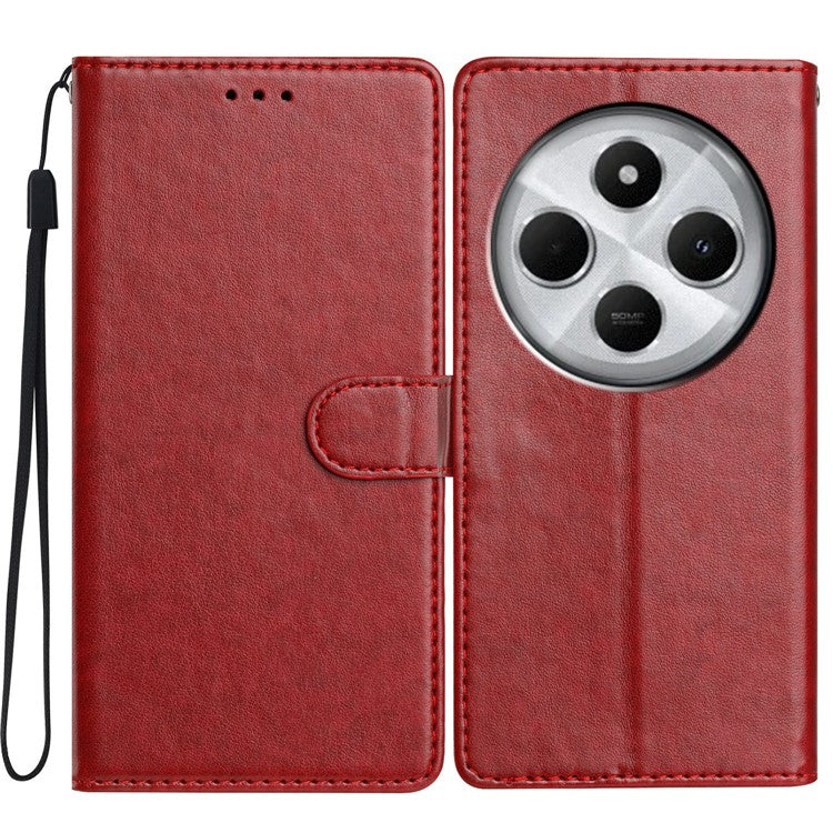 For Xiaomi Poco C75 4G / Redmi 14R 5G / 14C 4G Leather Phone Case Wallet Stand Cover with Handy Strap - Red