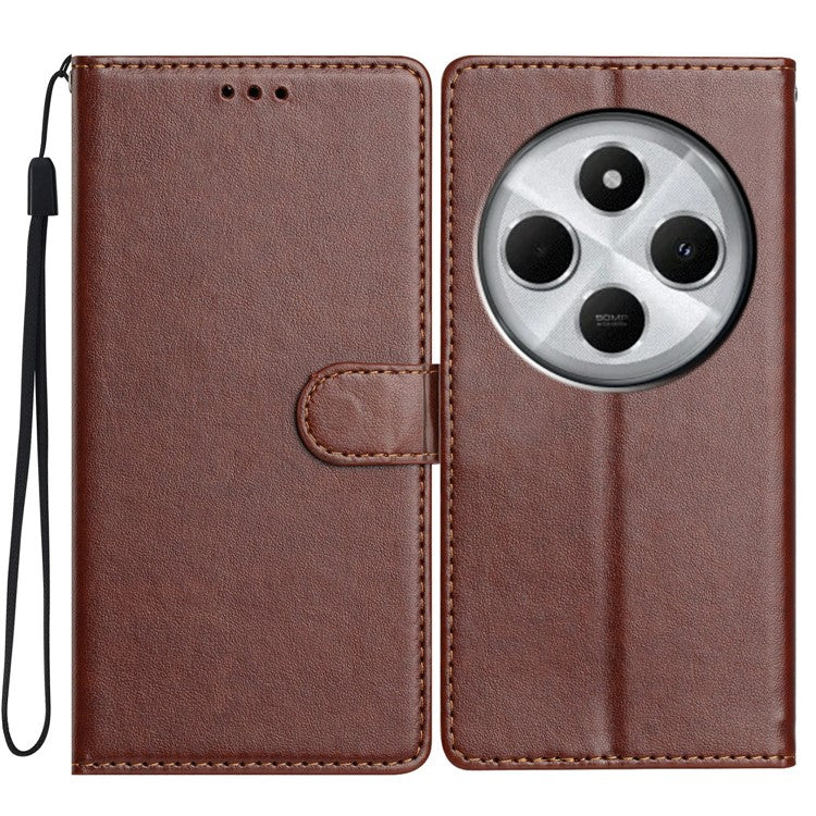 For Xiaomi Poco C75 4G / Redmi 14R 5G / 14C 4G Leather Phone Case Wallet Stand Cover with Handy Strap - Brown