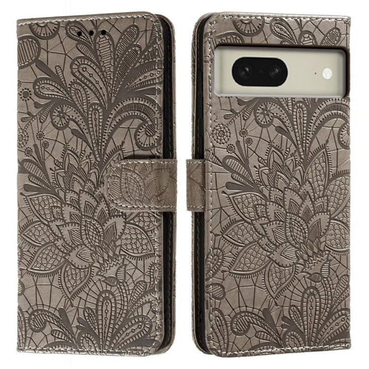 For Google Pixel 8 Case Lace Flowers PU Leather Flip Wallet Phone Cover - Grey