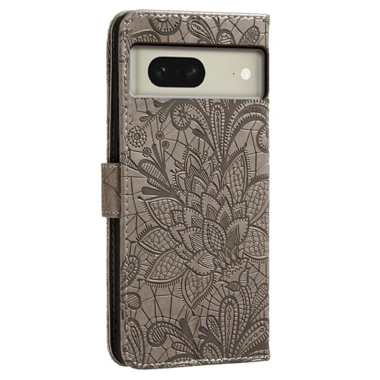 For Google Pixel 8 Case Lace Flowers PU Leather Flip Wallet Phone Cover - Grey