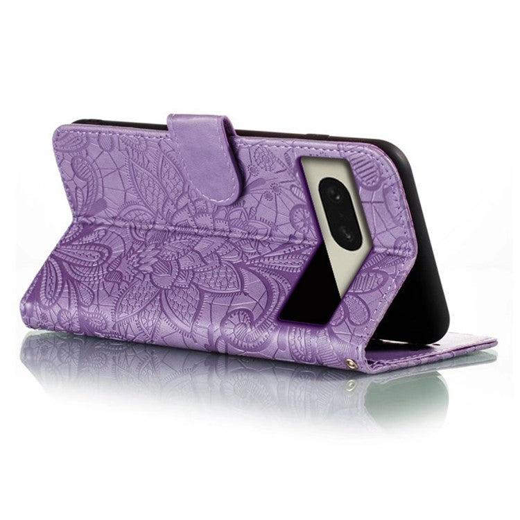 For Google Pixel 8 Case Lace Flowers PU Leather Flip Wallet Phone Cover - Purple