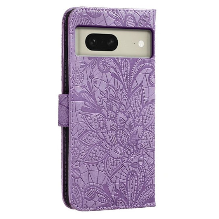 For Google Pixel 8 Case Lace Flowers PU Leather Flip Wallet Phone Cover - Purple