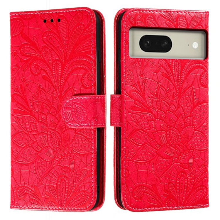 For Google Pixel 8 Case Lace Flowers PU Leather Flip Wallet Phone Cover - Red